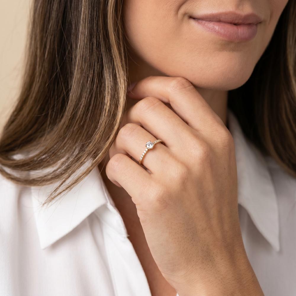 Solitär Ring 750/18 K Gelbgold Diamant weiss, 0.04 ct, 8 Steine, w-si, Diamant weiss, 0.20 ct, Brillantschliff, w-si