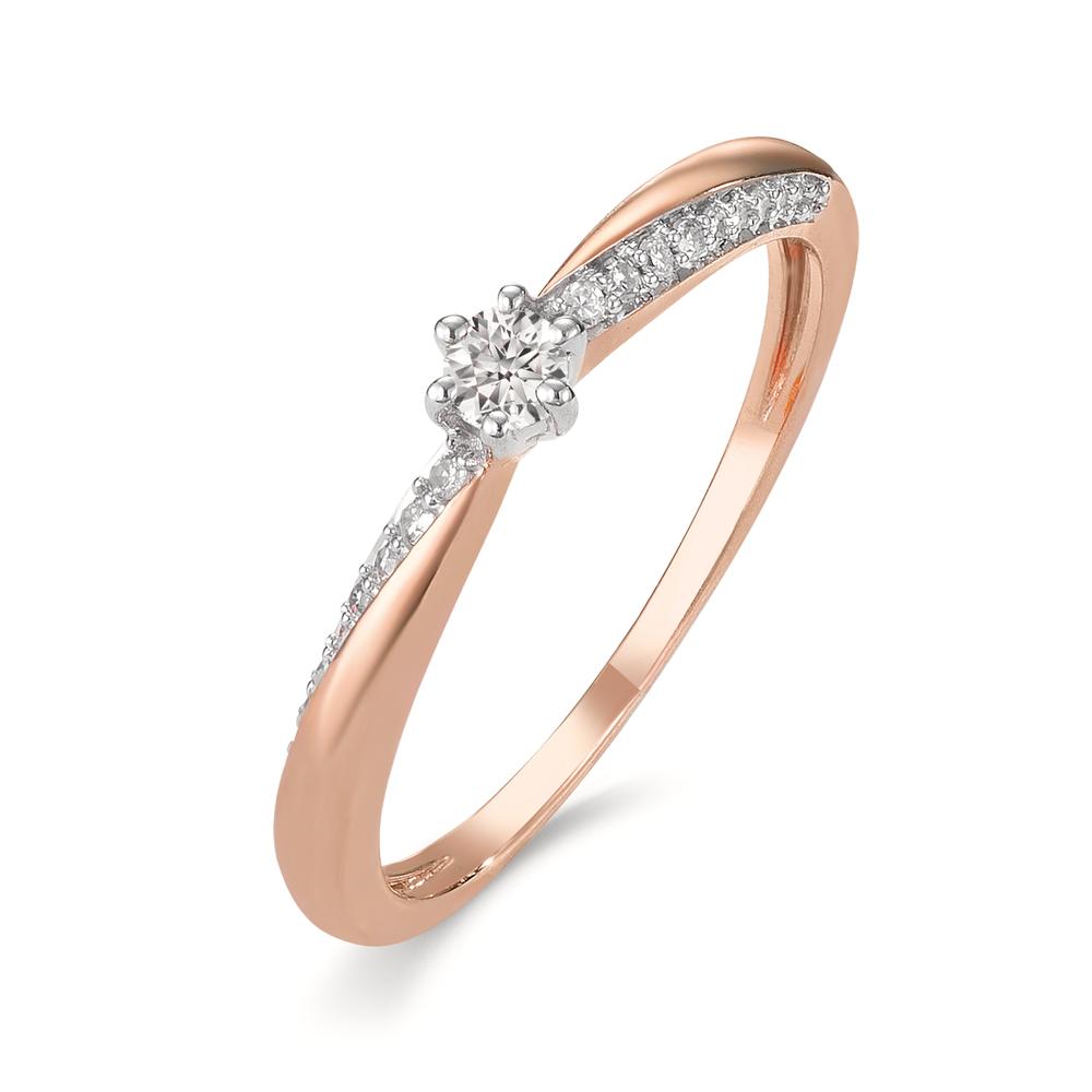 Solitär Ring 750/18 K Rotgold Diamant 0.15 ct, 21 Steine, w-si