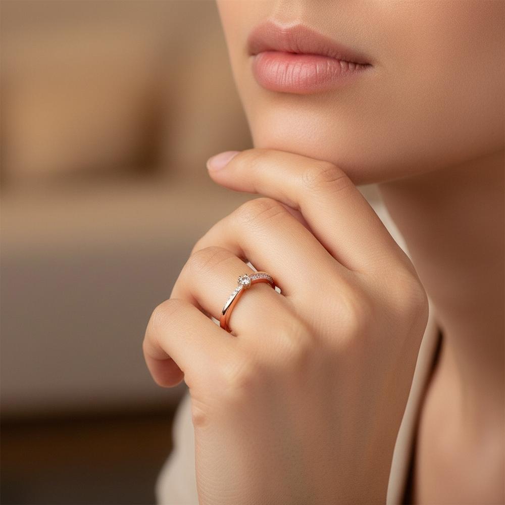 Solitär Ring 750/18 K Rotgold Diamant 0.15 ct, 21 Steine, w-si