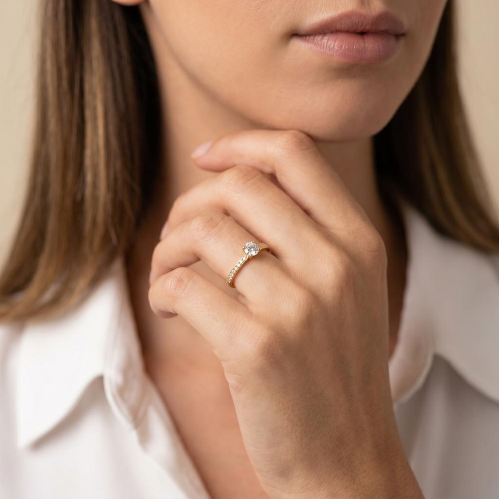 Solitär Ring 750/18 K Gelbgold Diamant weiss, 0.20 ct, 18 Steine, Brillantschliff, w-si, Diamant weiss, 0.30 ct, Brillantschliff, w-si