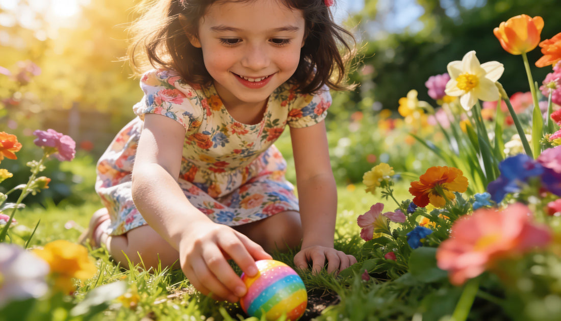 Fröhliches Kind in einem blühenden Garten, das ein bunt bemaltes Osterei im Gras entdeckt und danach greift.