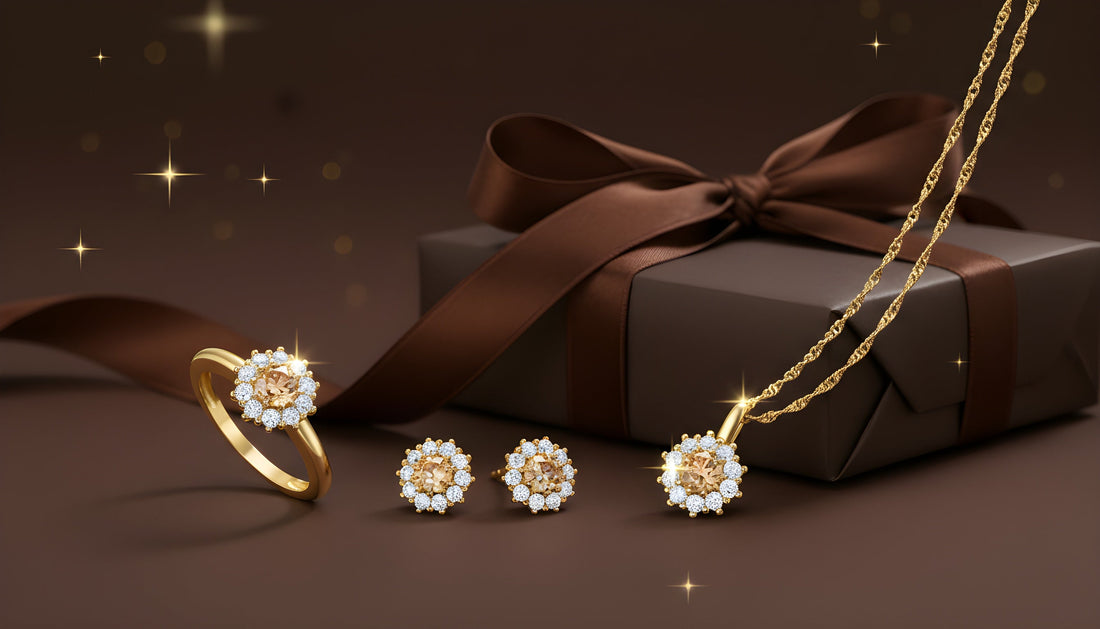 Goldenes Schmuckset mit Diamanten bestehend aus Ring, Ohrsteckern und Halskette, festlich präsentiert vor einem dunkel eingepackten Geschenk mit Schleife.