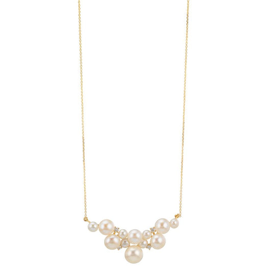 Collier 750/18 K Gelbgold Diamant 0.08 ct, 4 Steine, w-si Süsswasserzuchtperle, 12 Perlen 3.5-6.5 mm 42-45 cm verstellbar
