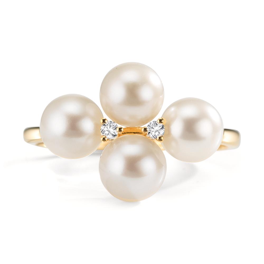 Fingerring 750/18 K Gelbgold Diamant 0.30 ct, 2 Steine, w-si Süsswasserzuchtperle, 4 Perlen 5.5-6 mm