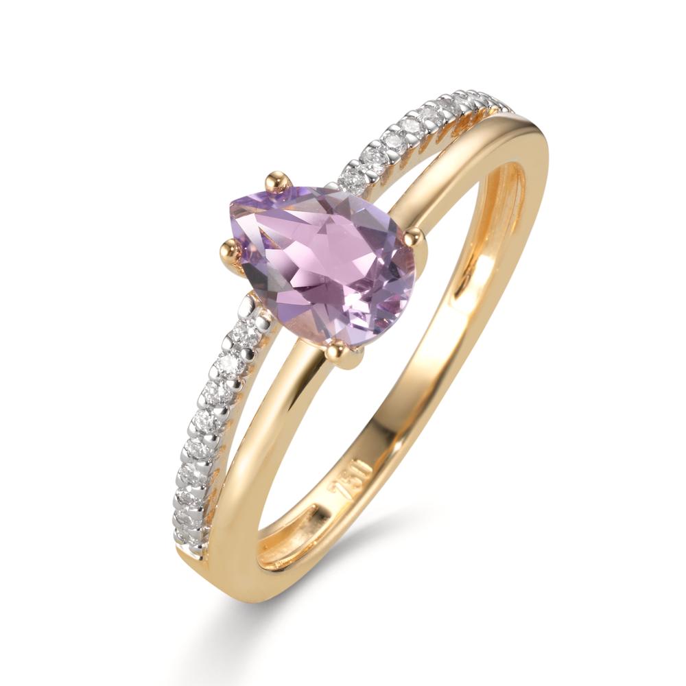Fingerring 750/18 K Gelbgold Diamant 0.08 ct, 18 Steine, w-si, Amethyst