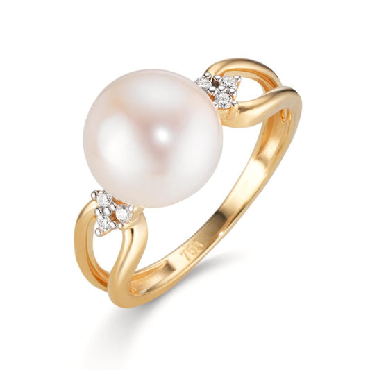 Fingerring 750/18 K Gelbgold Diamant 0.05 ct, 6 Steine, w-si Süsswasserzuchtperle, 9 mm