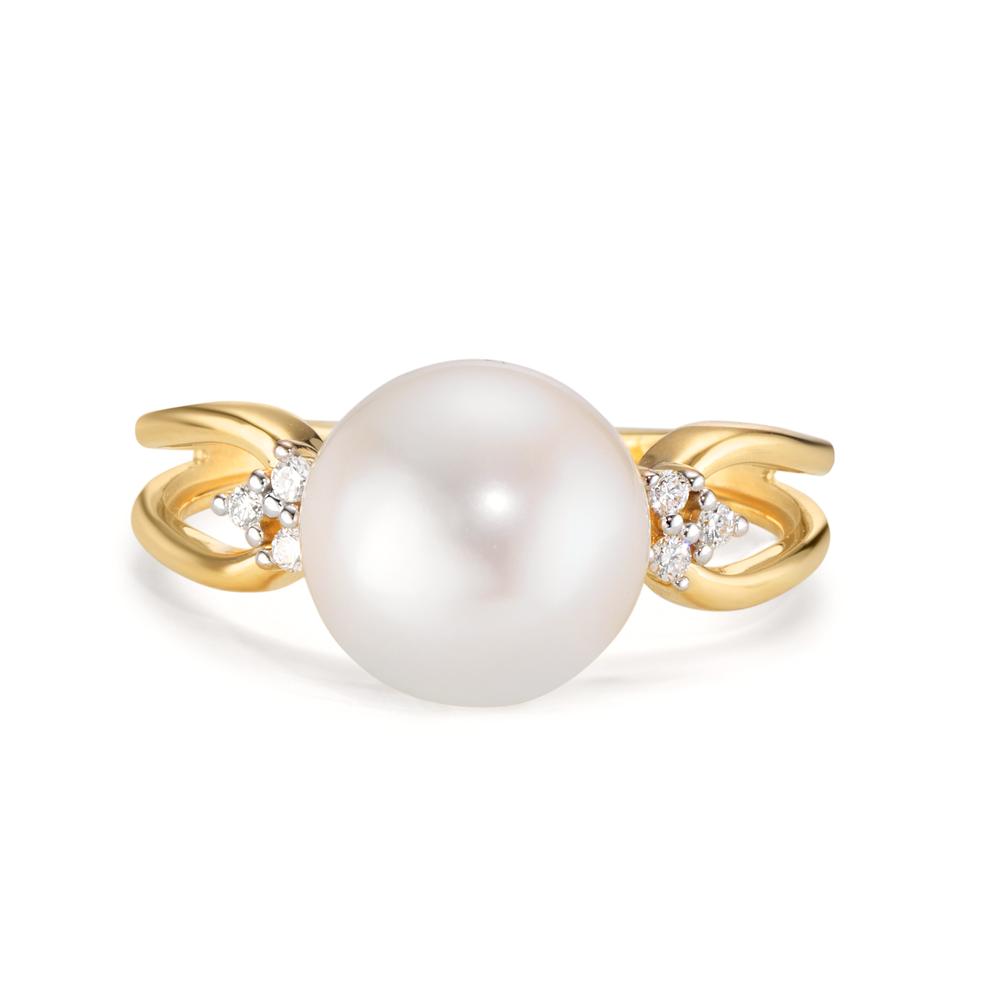 Fingerring 750/18 K Gelbgold Diamant 0.05 ct, 6 Steine, w-si Süsswasserzuchtperle, 9 mm
