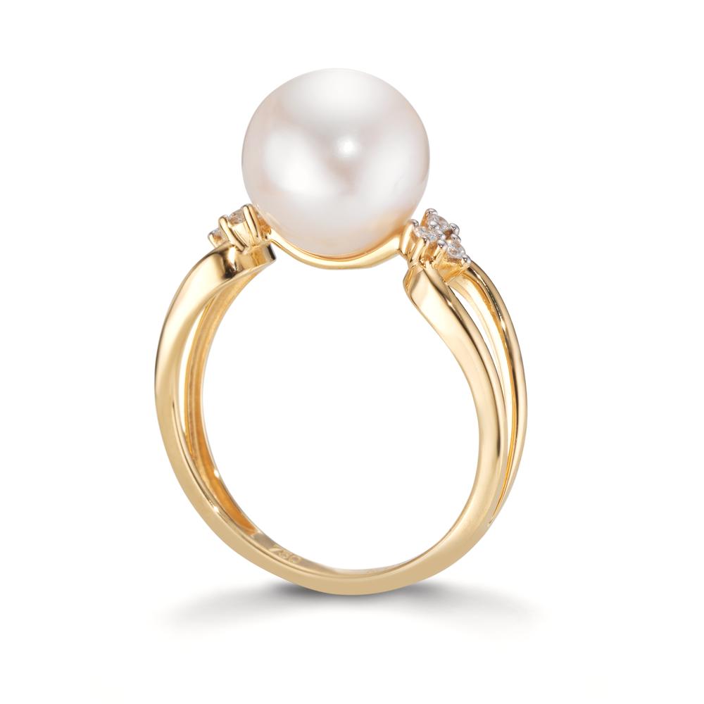 Fingerring 750/18 K Gelbgold Diamant 0.05 ct, 6 Steine, w-si Süsswasserzuchtperle, 9 mm