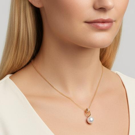 Anhänger 750/18 K Gelbgold Diamant 0.05 ct, 6 Steine, w-si Süsswasserzuchtperle 9.5-10 mm